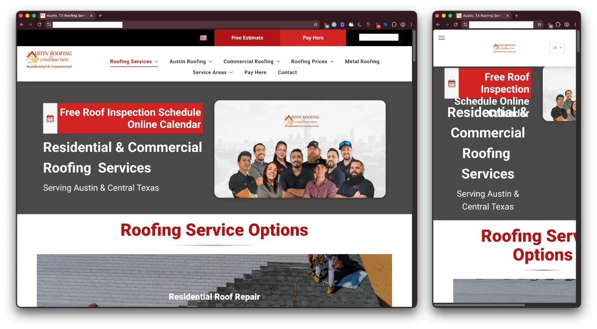side by side screenshots of a website that breaks when scaled to a mobile breakpoint