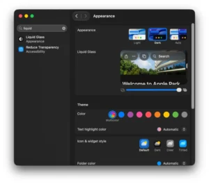 Liquid Glass settings options in MacOS 27 system settings.
