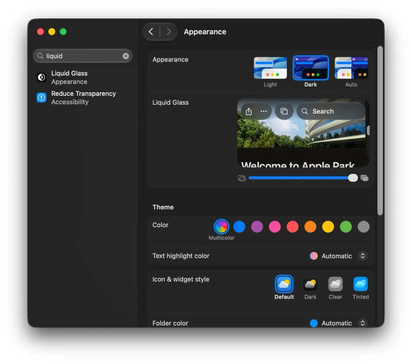 Liquid Glass settings options in MacOS 27 system settings.